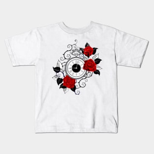 Contour Clock with Red Roses Kids T-Shirt